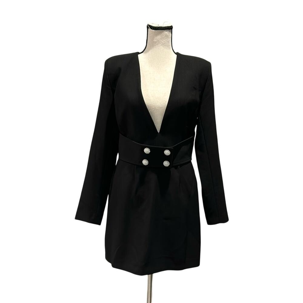 Zara NWT Black Shoulder Pads Mini Dress with Belt with Pearls & Rhinestones.